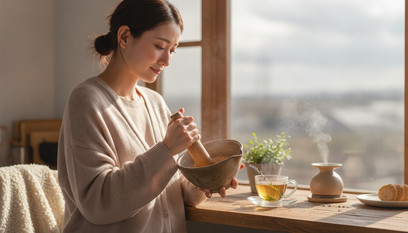 陶器のすり鉢が刻む低い音と、香りが立ち上るのを待つ朝