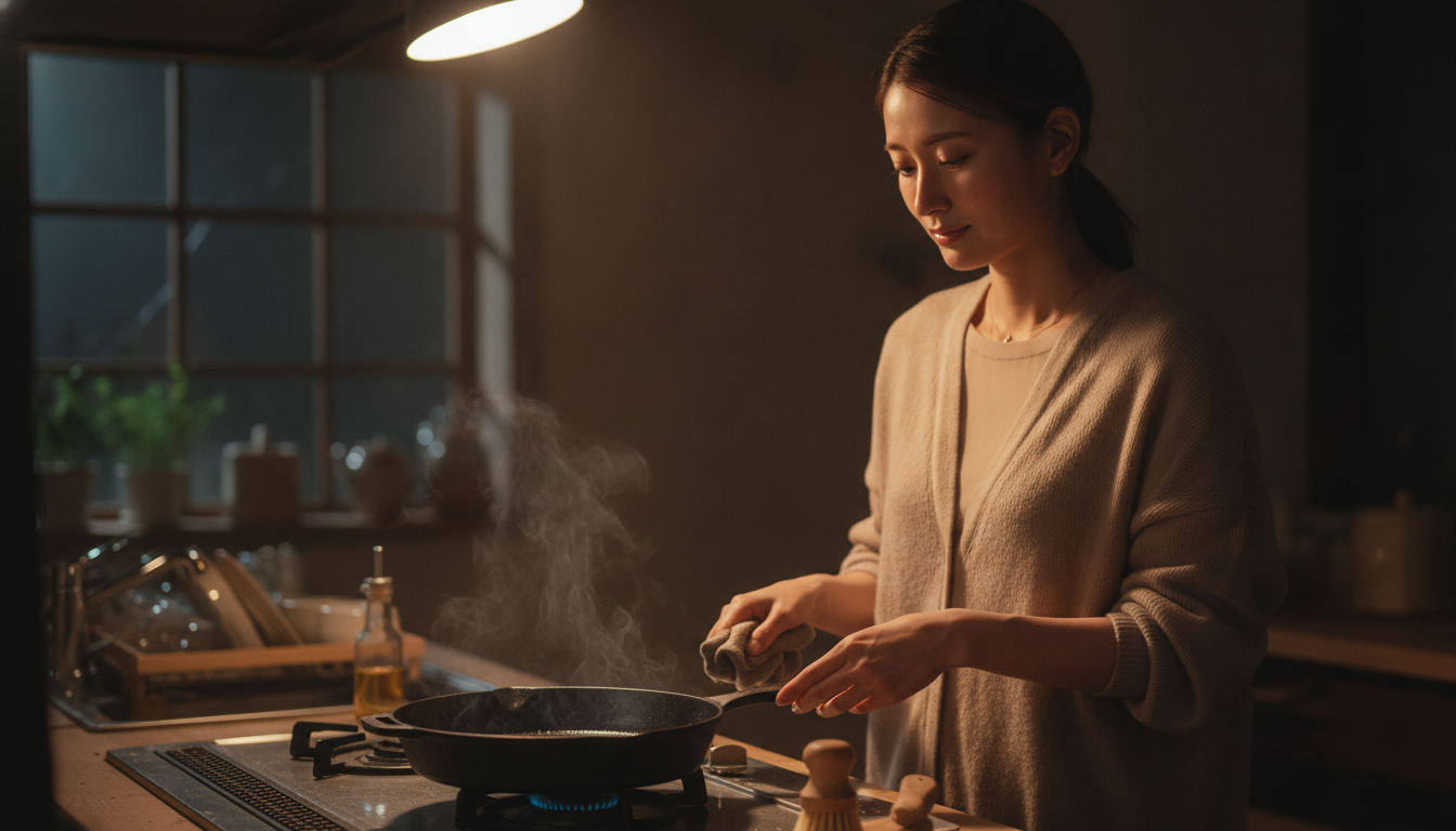 洗い終えた鉄のフライパンと、心に薄く油をなじませる夜