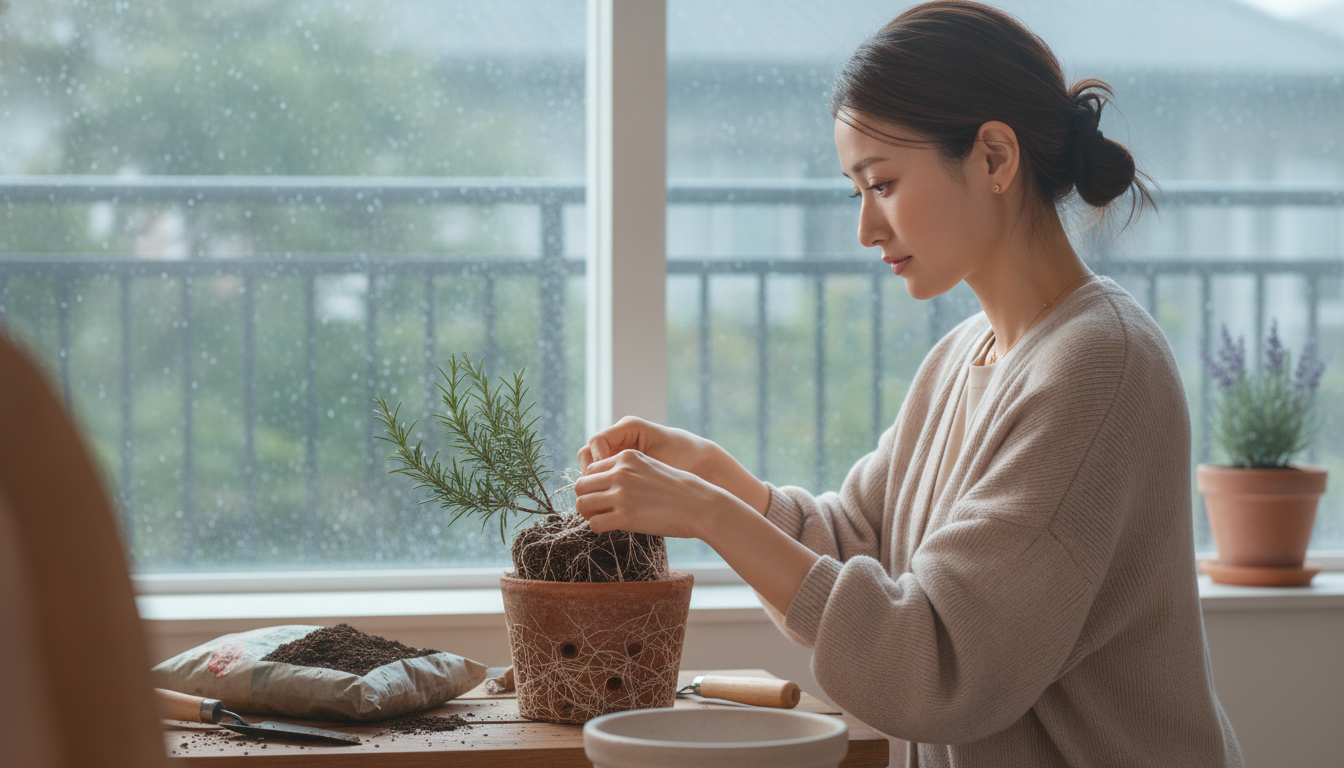 鉢の形に固まった根をほぐす朝と、新しい土の匂い
