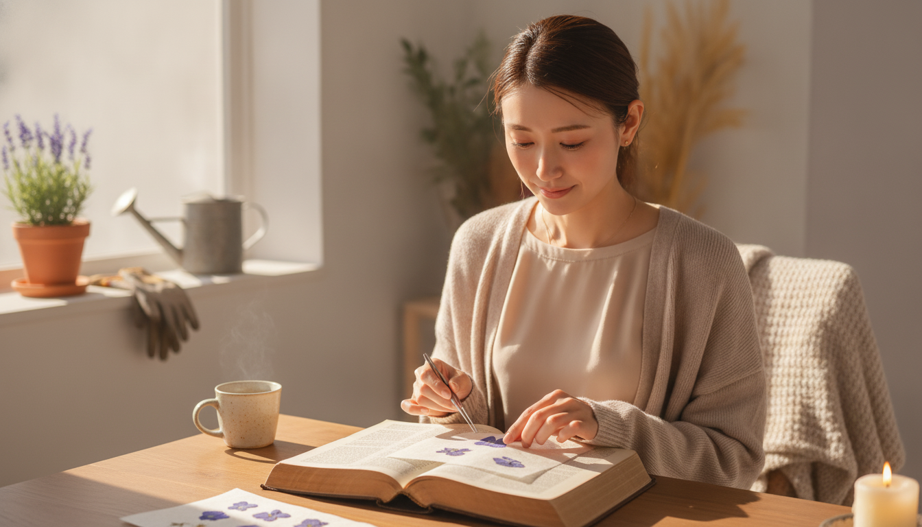 分厚い辞典に挟んだ青紫色と、無理に広げきらない余白の残し方