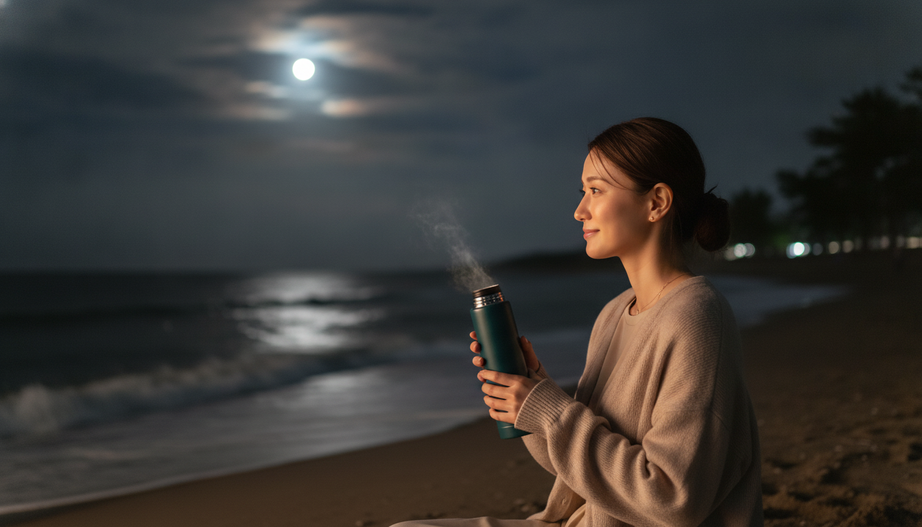 夜の海浜公園と、暗闇の中で響き続ける見えない波の行方