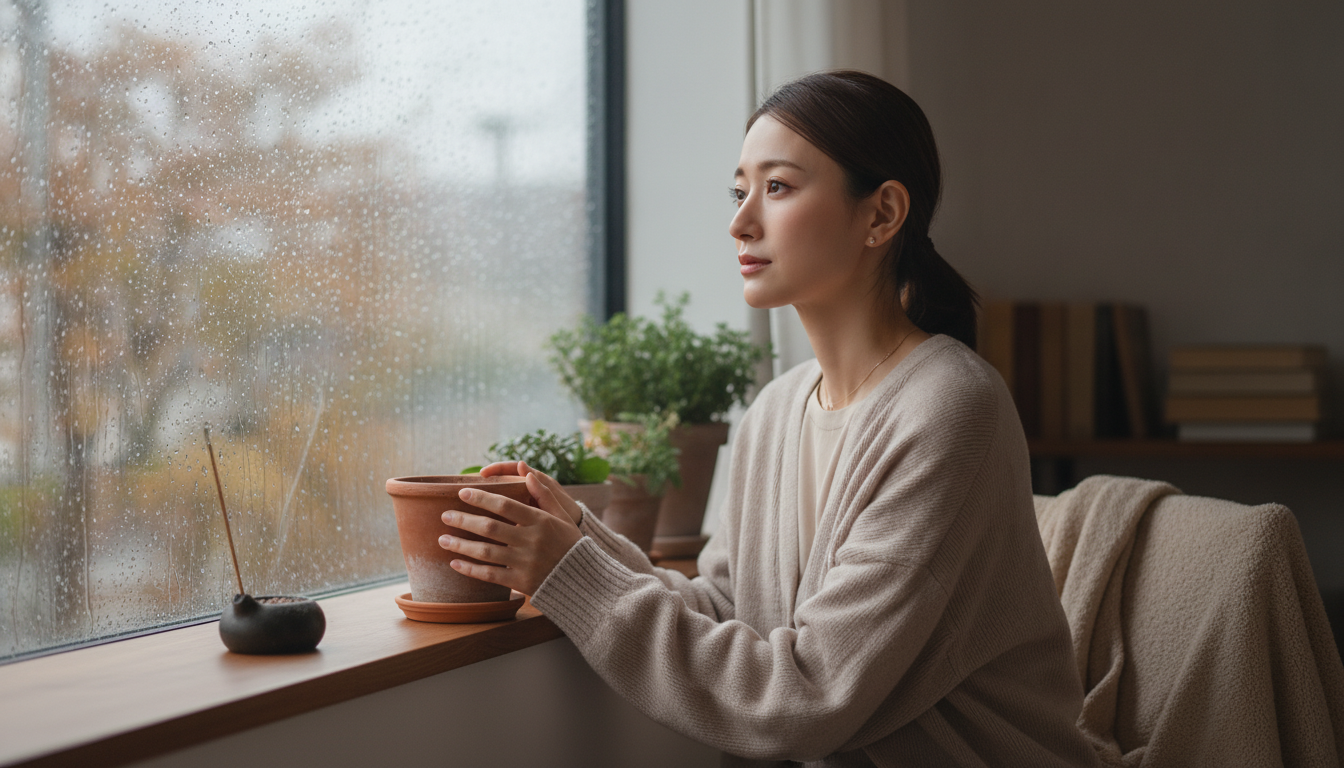 窓を打つ不規則な雨音と、それぞれの窓辺が切り取る景色の違い