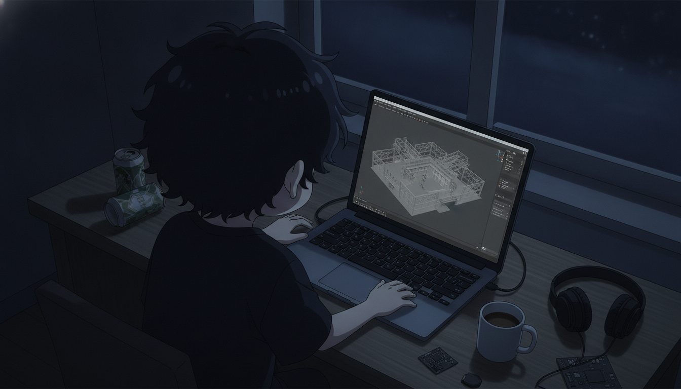 テクスチャのない灰色の壁と、完成を急がない夜の砂場