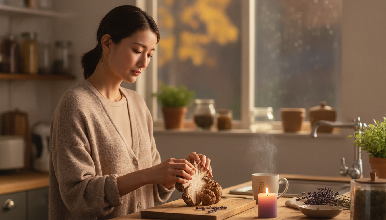 手で裂いた舞茸の断面と、飲み込まれた思いを包む夜