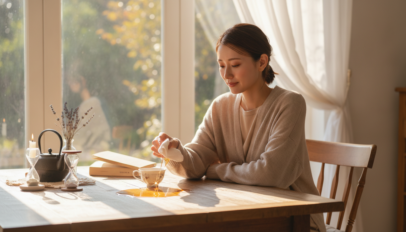 こぼれた紅茶が反射する朝日と、急いで拭き取らなかった朝の余白
