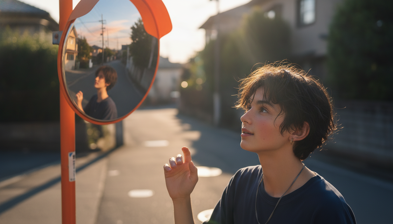 数度だけ上を向いたカーブミラーと、エラーが切り取る秋の空