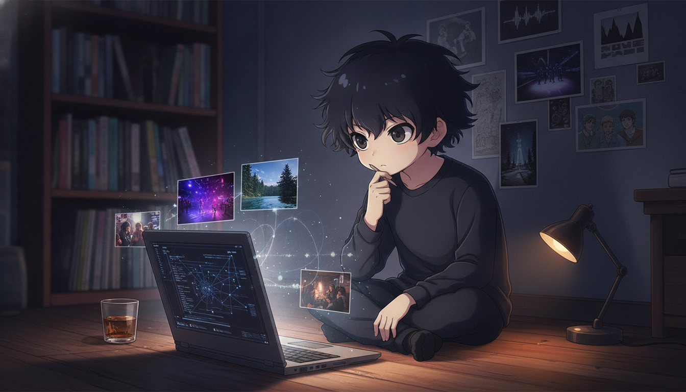 しょーた本人と「深夜のプレイリストと、僕の価値観を推論する鏡」の内容を表すブログ挿絵