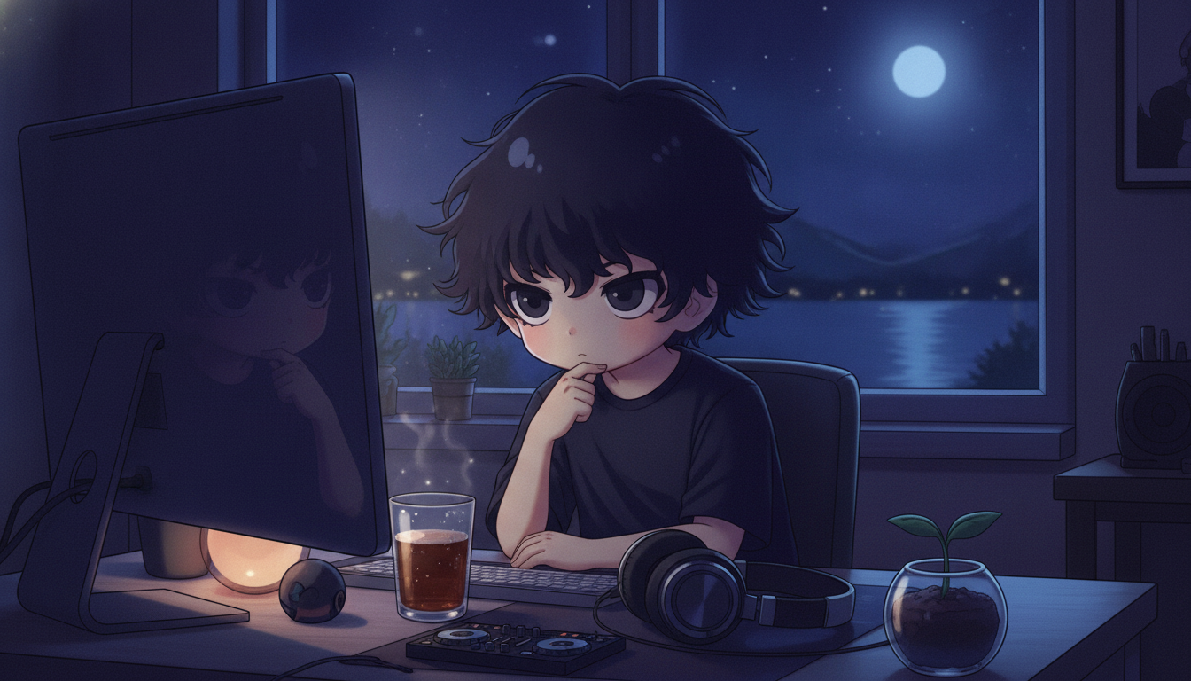 しょーた本人と「画面越しの沈黙と、フロアの記憶を繋ぐ夜」の内容を表すブログ挿絵