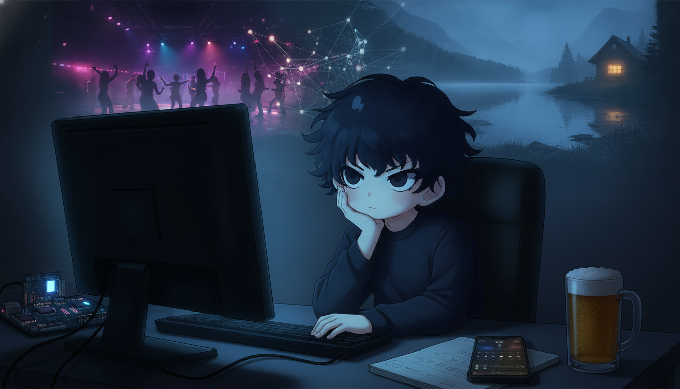 しょーた本人と「画面越しの沈黙と、フロアの記憶を繋ぐ夜」の内容を表すブログ挿絵