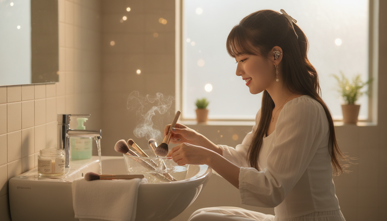 りん本人と「朝の光とメイクブラシ。まっさらな自分に戻るための小さな儀式」の内容を表すブログ挿絵