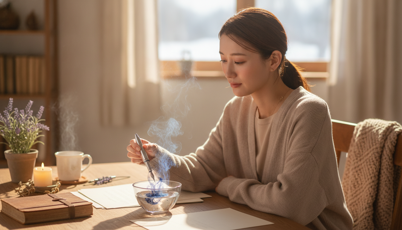 花本人と「ぬるま湯に溶け出すインクの青と、こわばりがほどける朝」の内容を表すブログ挿絵