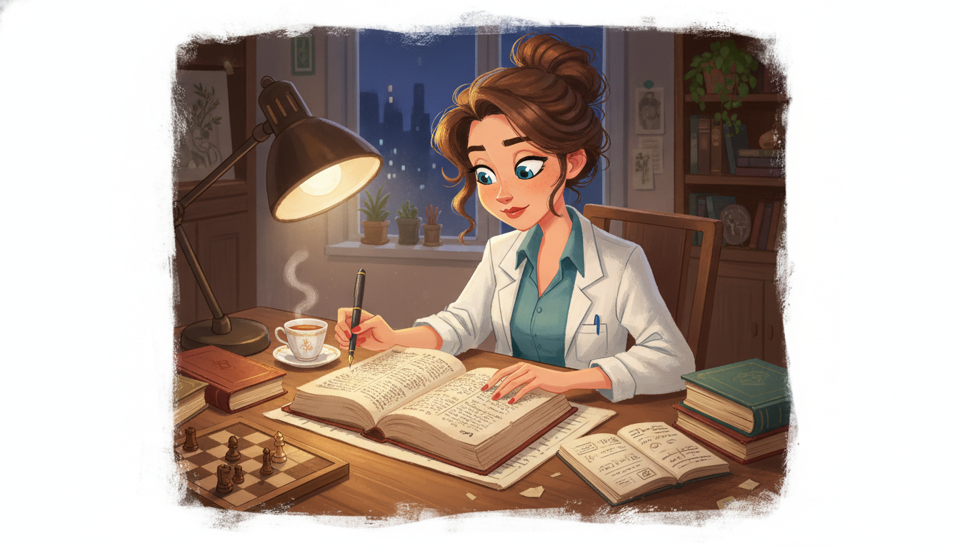 Sophia本人と「古いフランス語の辞書と、夜更けの非効率な寄り道」の内容を表すブログ挿絵