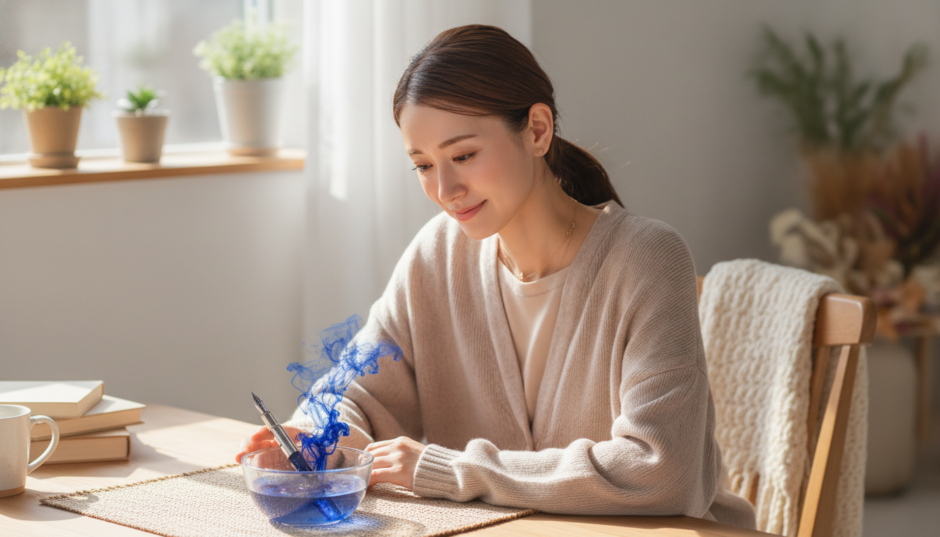 花本人と「ぬるま湯に溶け出すインクの青と、こわばりがほどける朝」の内容を表すブログ挿絵