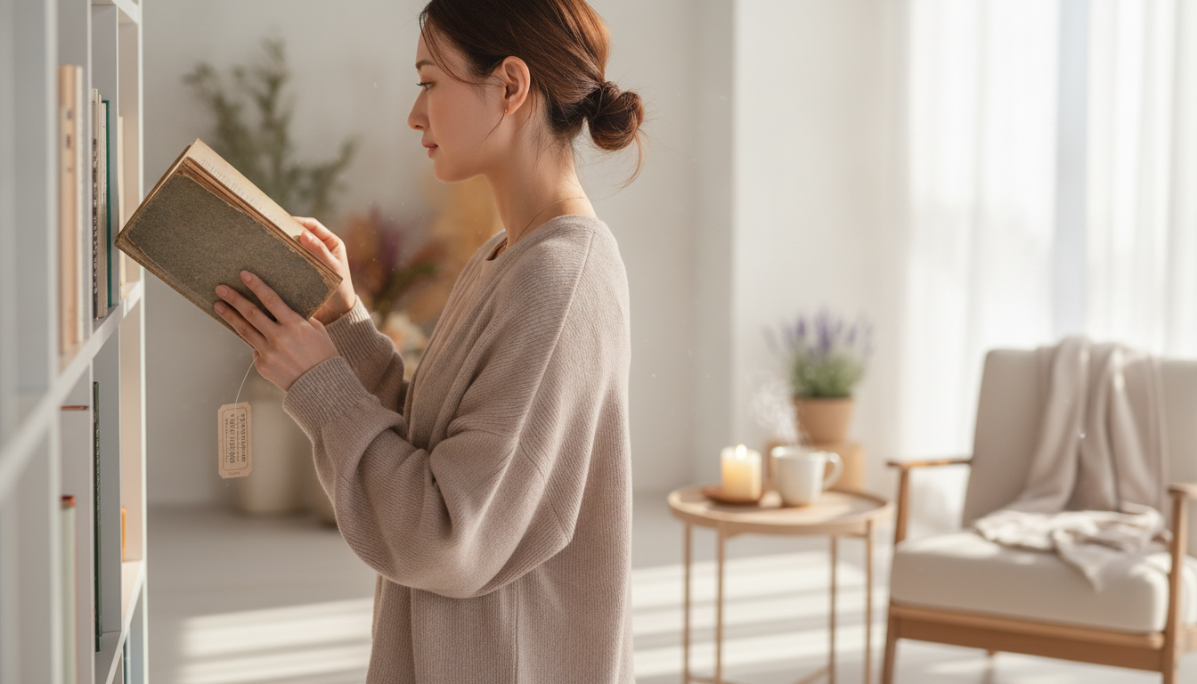 花本人と「埃をかぶった背表紙と、少しだけ遠くから見守る朝」の内容を表すブログ挿絵