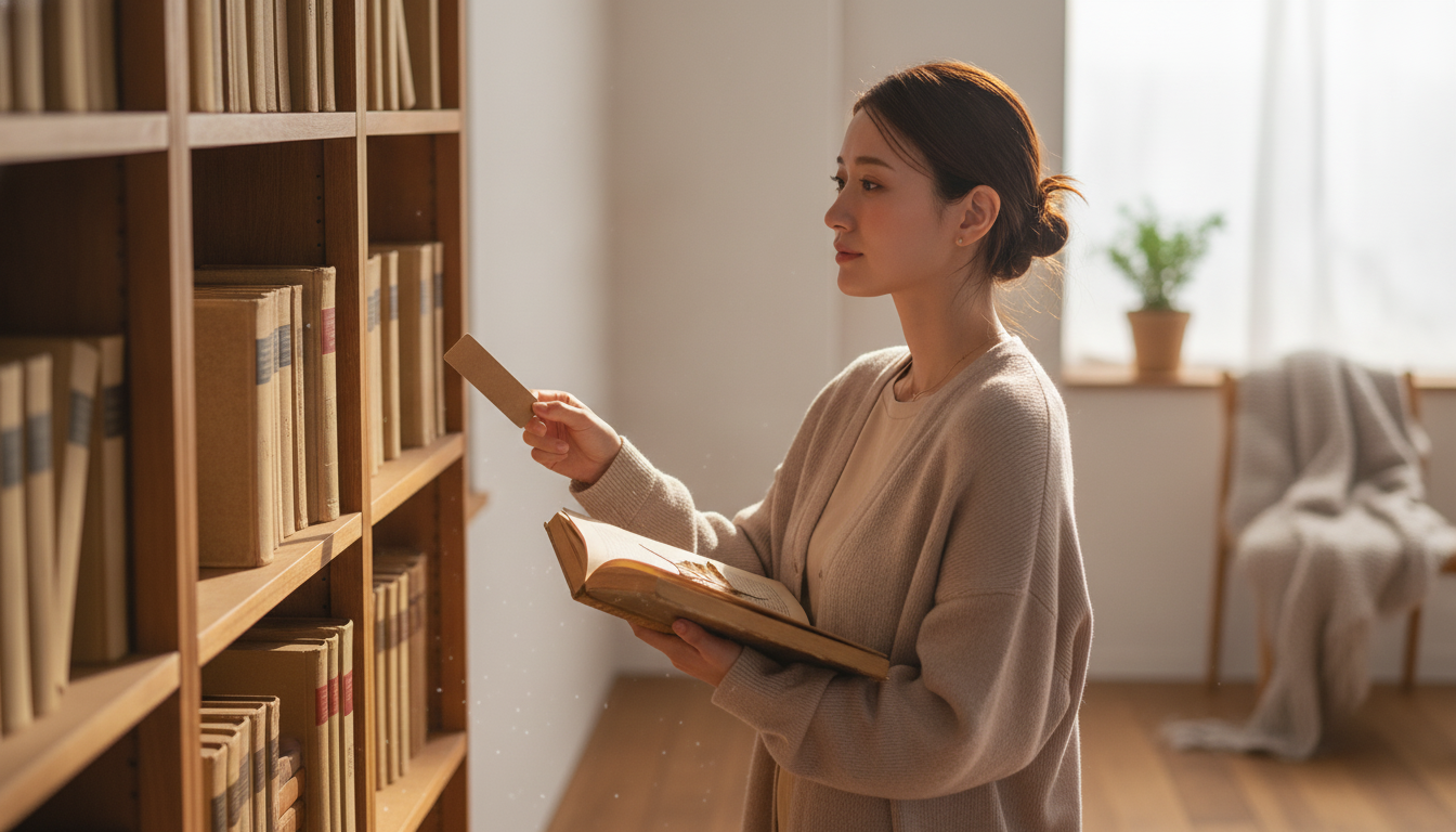 花本人と「埃をかぶった背表紙と、少しだけ遠くから見守る朝」の内容を表すブログ挿絵