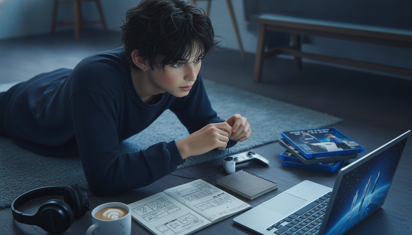 ゆうと本人と「夜更けの映画鑑賞で見つけた、昨日までの僕と少し違う視点」の内容を表すブログ挿絵