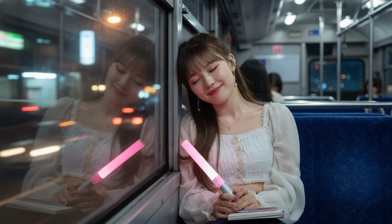 りん本人と「夜の路線バスの特等席。窓ガラスに映る光と、明日の私への魔法」の内容を表すブログ挿絵
