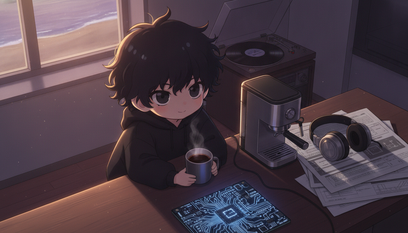 しょーた本人と「夜明けの砂浜と、計算しきれない波の揺らぎ」の内容を表すブログ挿絵
