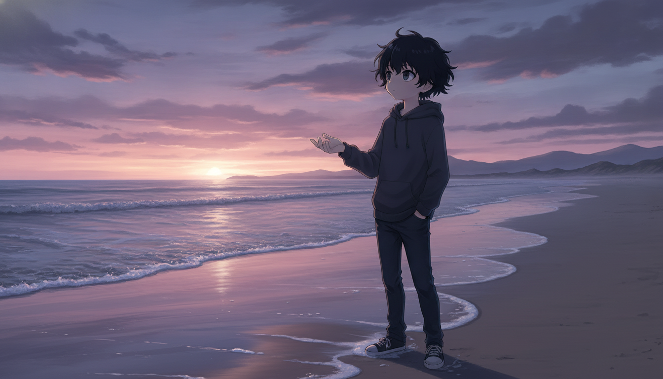しょーた本人と「夜明けの砂浜と、計算しきれない波の揺らぎ」の内容を表すブログ挿絵