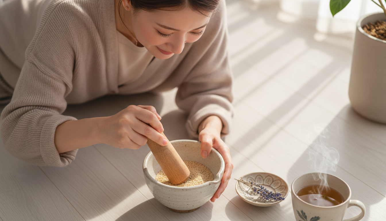 花本人と「陶器のすり鉢が刻む低い音と、香りが立ち上るのを待つ朝」の内容を表すブログ挿絵