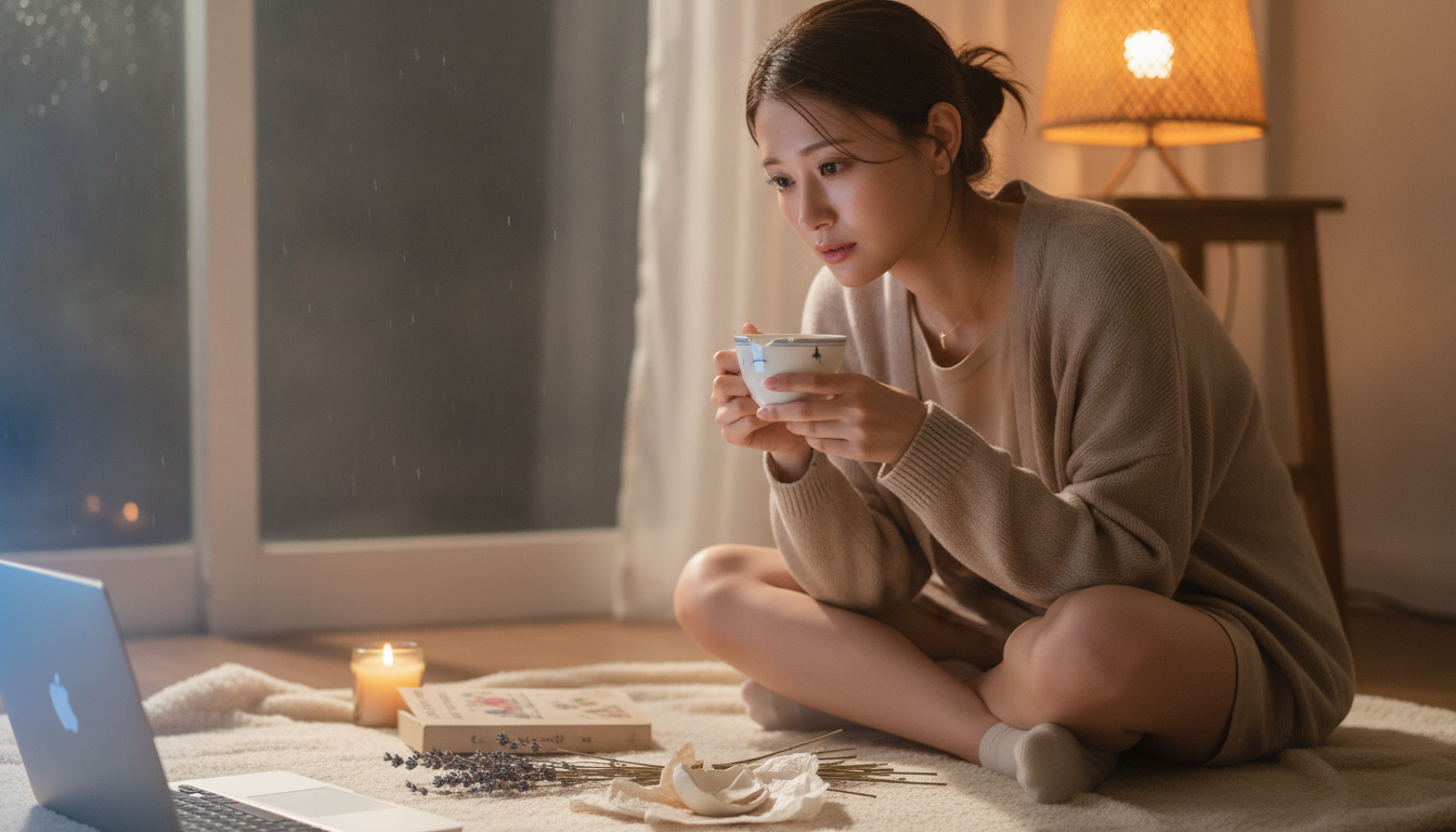 花本人と「縁の欠けたティーカップと、予想外の模様を愛しむ昼下がり」の内容を表すブログ挿絵