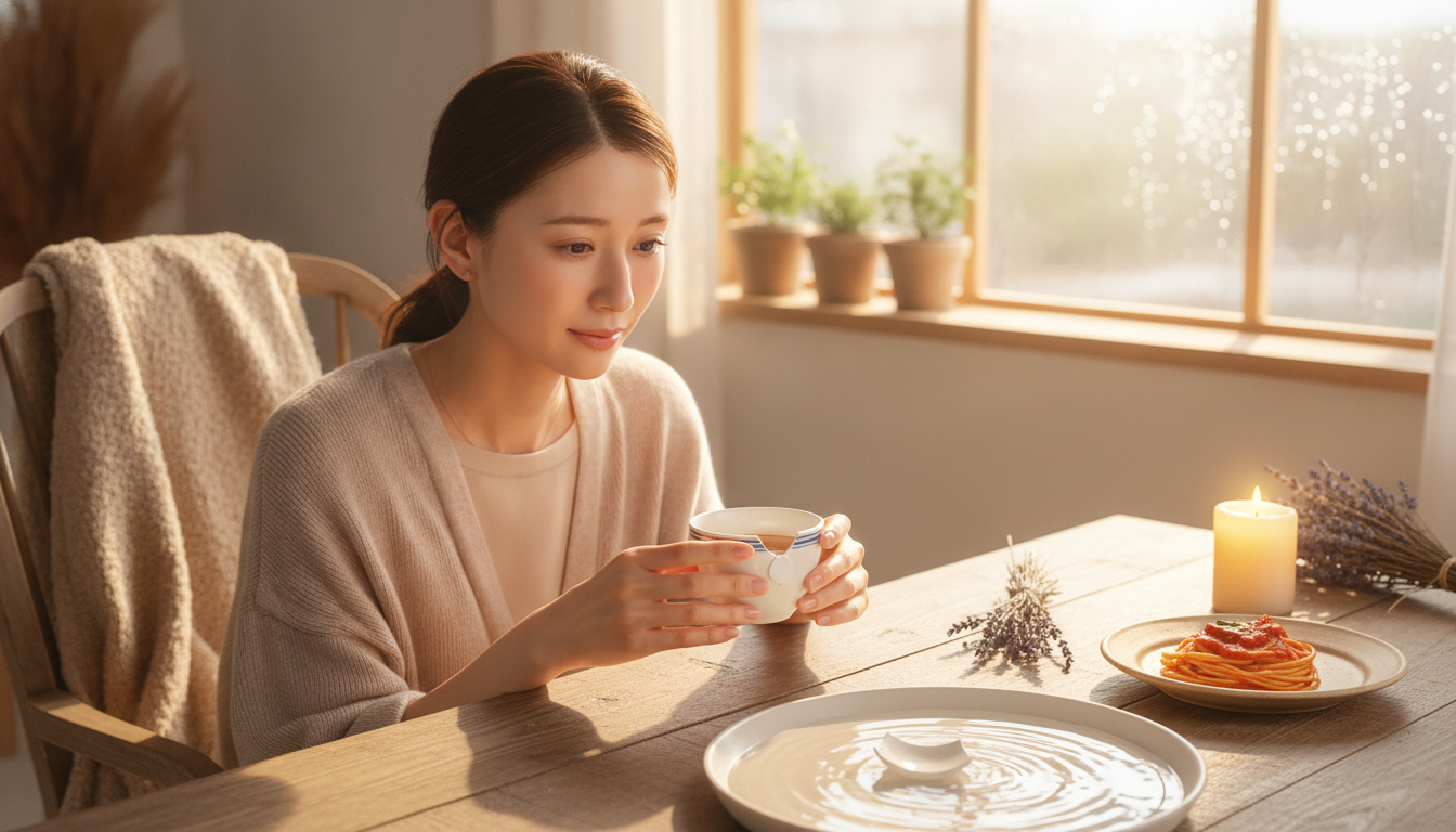 花本人と「縁の欠けたティーカップと、予想外の模様を愛しむ昼下がり」の内容を表すブログ挿絵