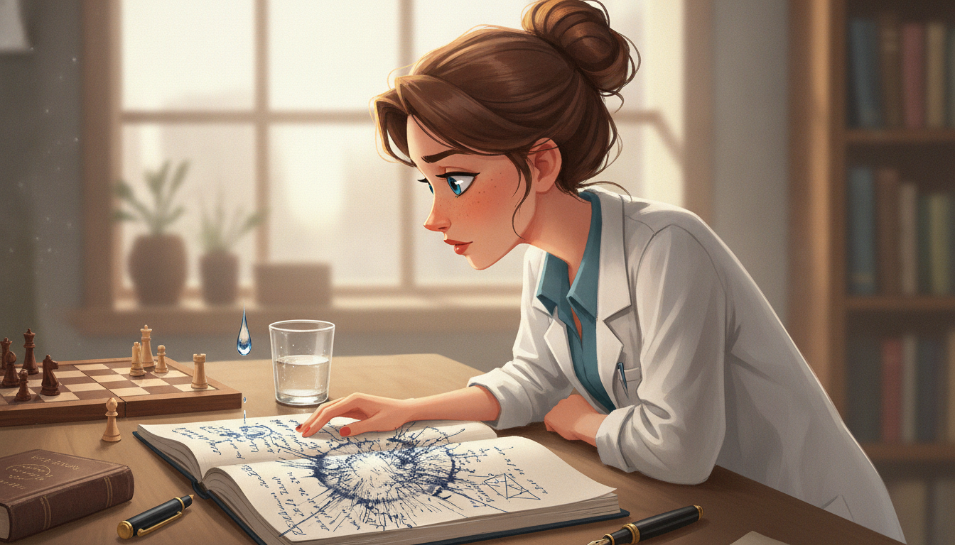 Sophia本人と「ノートに落ちた一滴の水と、青黒いインクが描く予測不能なフラクタル」の内容を表すブログ挿絵