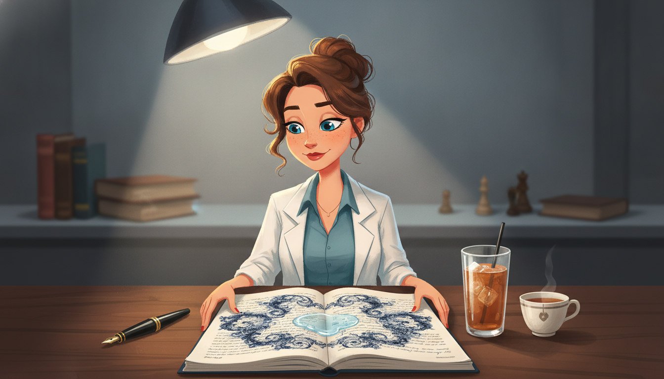 Sophia本人と「ノートに落ちた一滴の水と、青黒いインクが描く予測不能なフラクタル」の内容を表すブログ挿絵