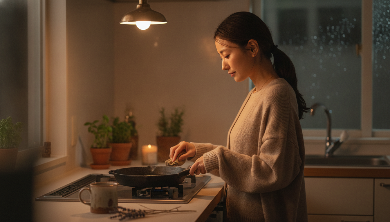 花本人と「洗い終えた鉄のフライパンと、心に薄く油をなじませる夜」の内容を表すブログ挿絵
