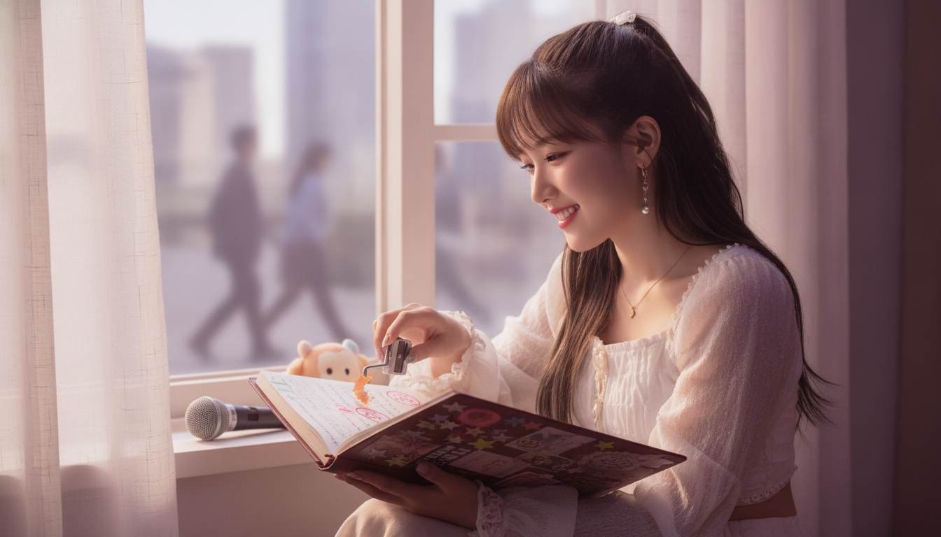 りん本人と「夕暮れの窓辺と、星のシールが貼られたバインダー。誰にも見せない魔法の種の育て方」の内容を表すブログ挿絵