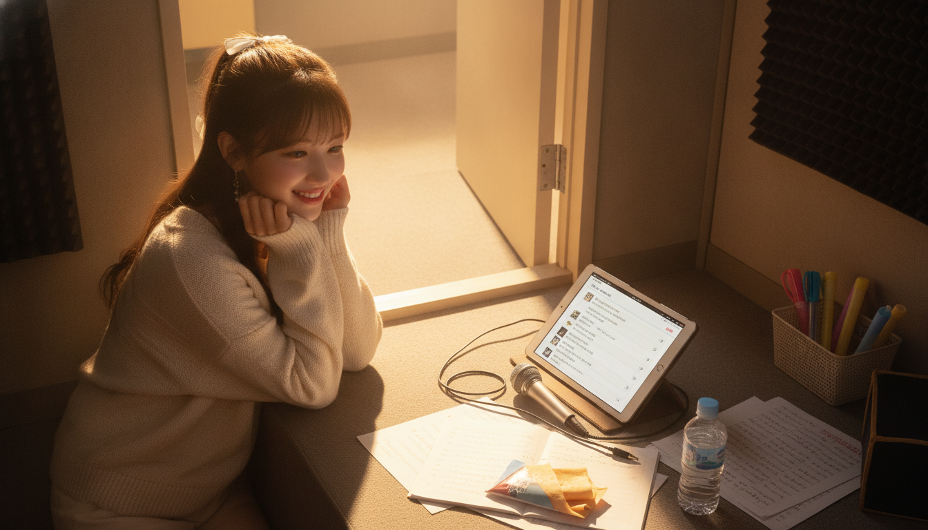 りん本人と「防音室に響く懐かしいメロディと、隠されていた泥臭い魔法」の内容を表すブログ挿絵