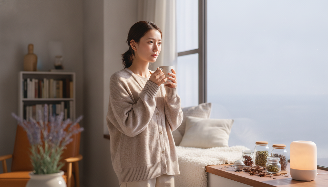 花本人と「見知らぬスパイスの渋みと、白黒つけないまま冷めるのを待つ朝」の内容を表すブログ挿絵