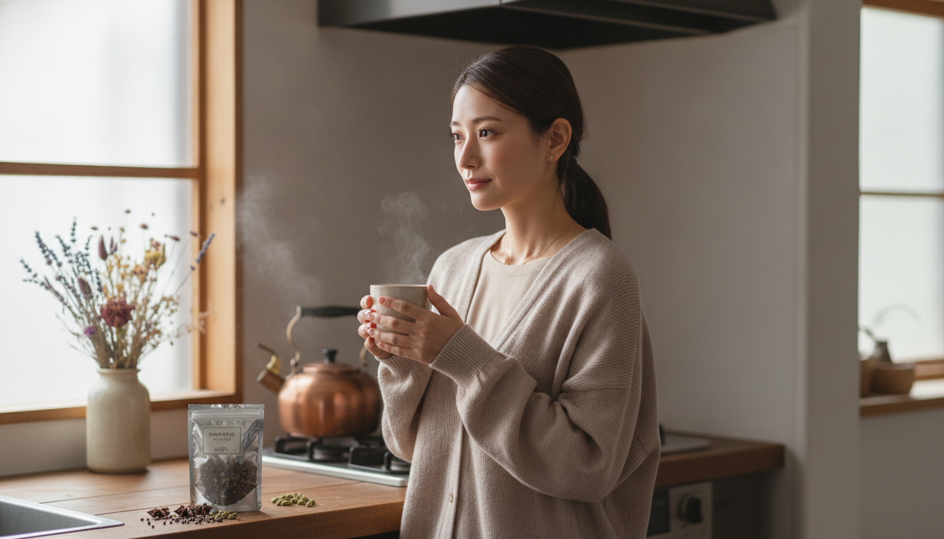 花本人と「見知らぬスパイスの渋みと、白黒つけないまま冷めるのを待つ朝」の内容を表すブログ挿絵
