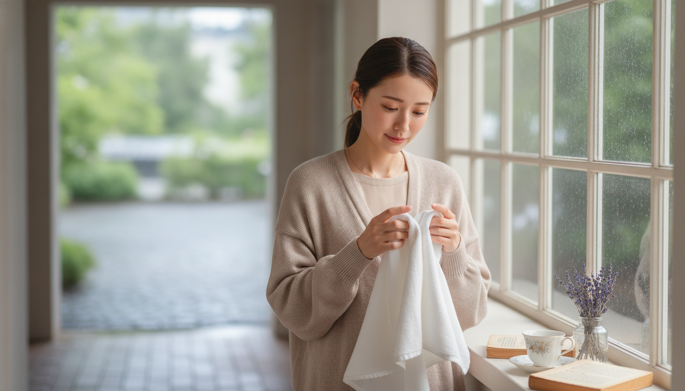 花本人と「角のずれたタオルと、心に空気を含ませる雨上がりの午後」の内容を表すブログ挿絵