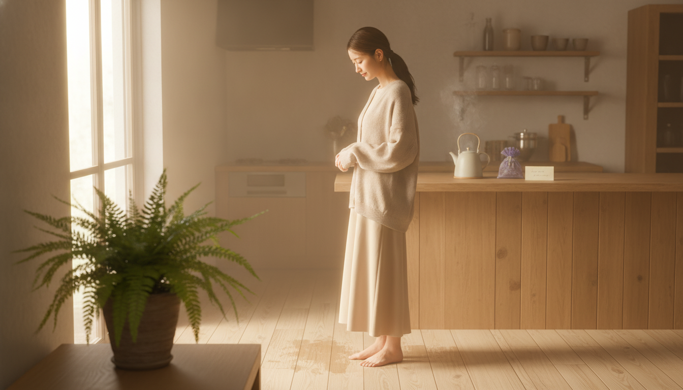 花本人と「足裏に吸い付く床の湿り気と、それぞれの窓から触れる世界の温度」の内容を表すブログ挿絵