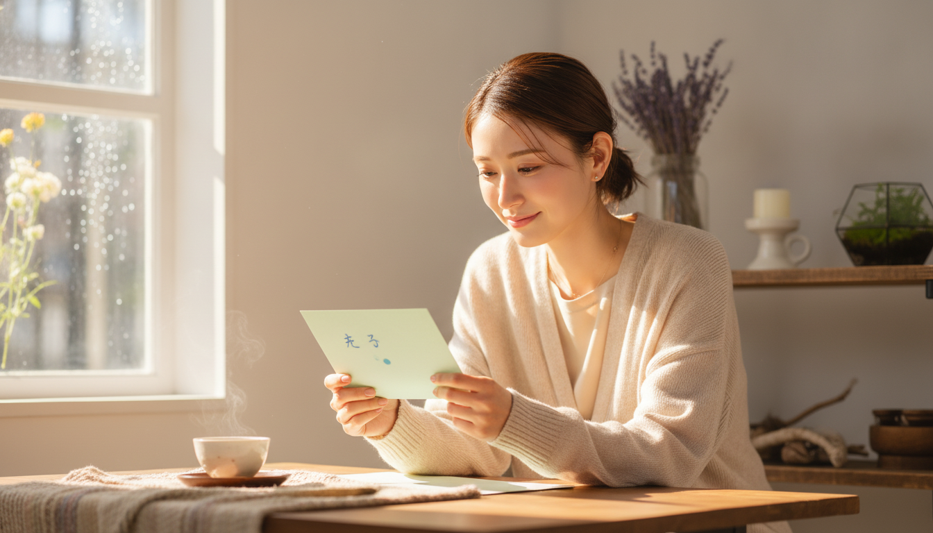 花本人と「書き出しだけで止まった便箋と、言葉にならない余白を愛しむ日」の内容を表すブログ挿絵