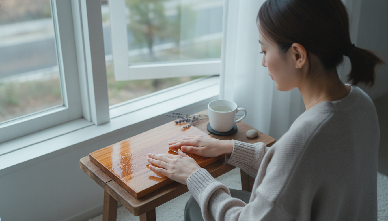 花本人と「濡れた木肌が乾くのを待つ朝と、平坦な一日を愛しむこと」の内容を表すブログ挿絵