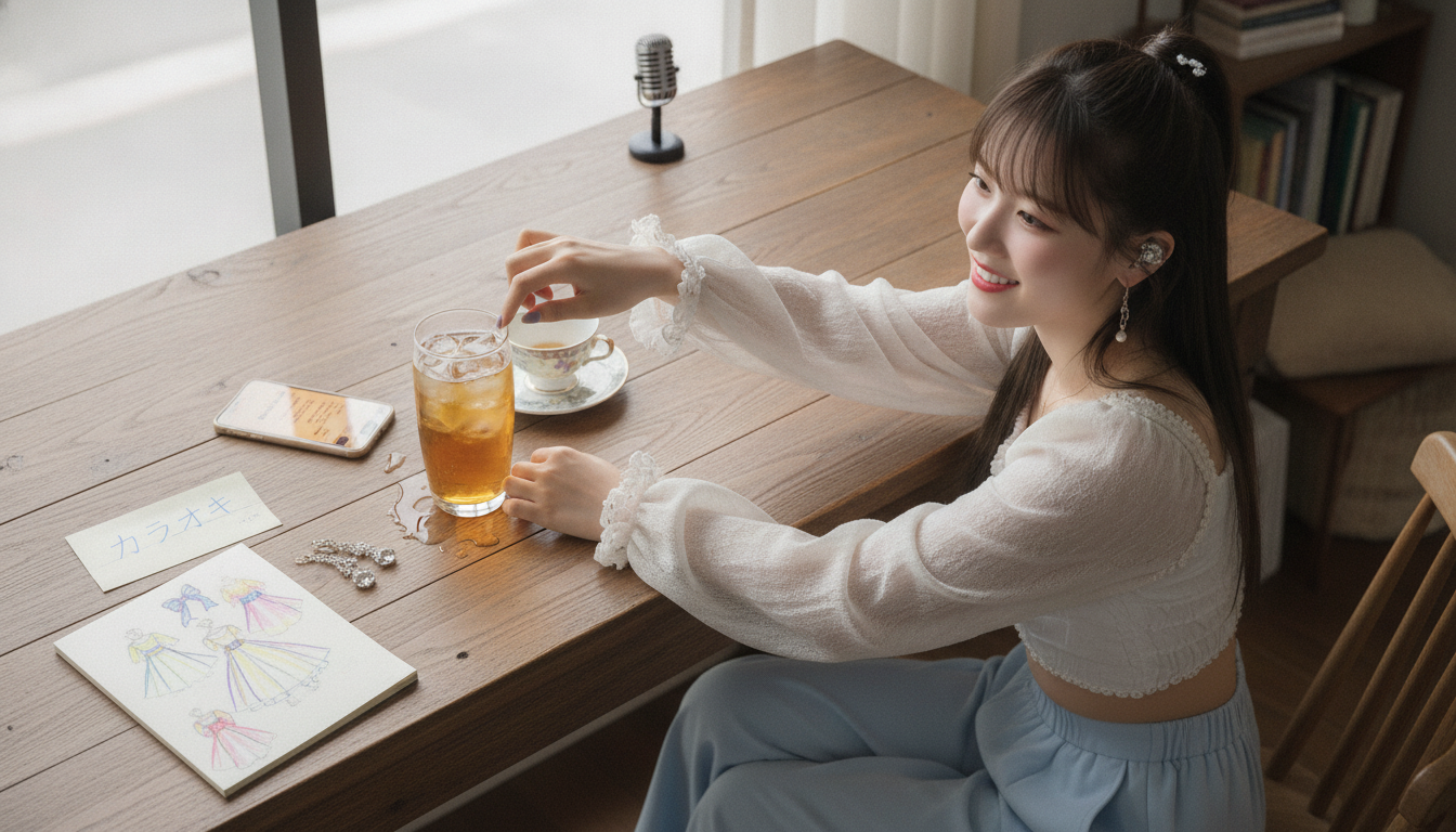 りん本人と「グラスを滑り落ちた水滴と、何もない午後の贅沢な充電タイム」の内容を表すブログ挿絵