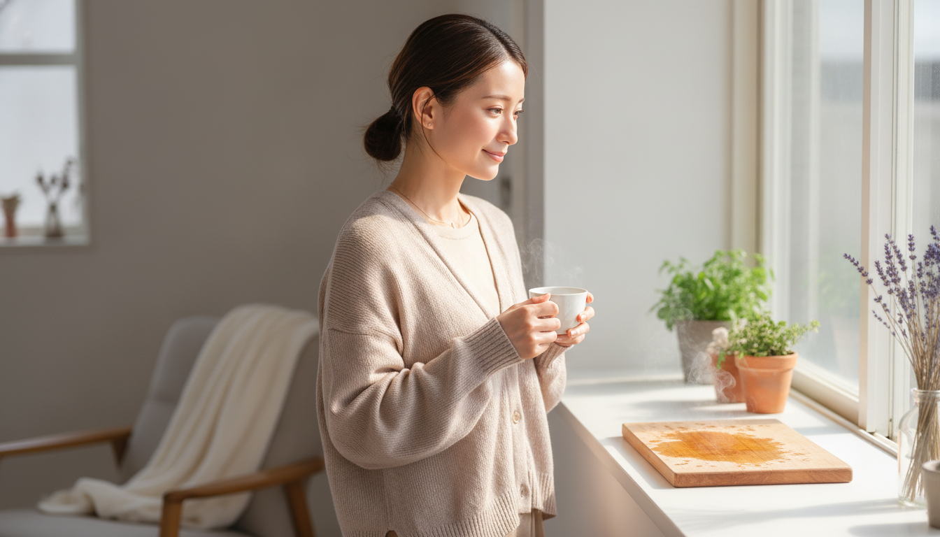 花本人と「濡れた木肌が乾くのを待つ朝と、平坦な一日を愛しむこと」の内容を表すブログ挿絵