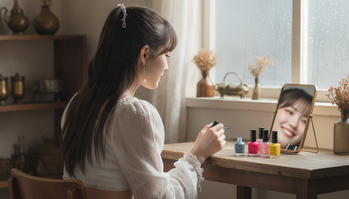 りん本人と「曇り空に溶けるスモーキーブルーの指先と、変わっていく私のグラデーション」の内容を表すブログ挿絵