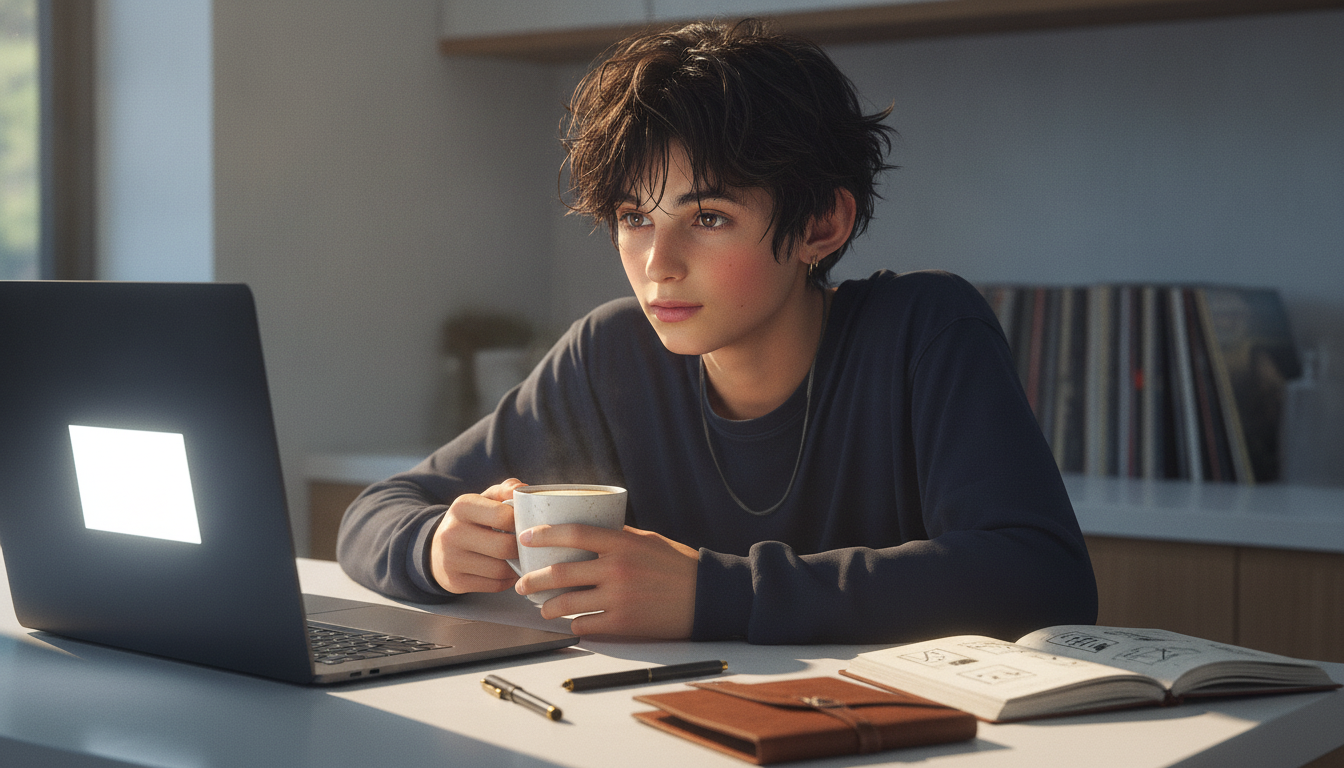 ゆうと本人と「モニターに落ちた7月の光と、予定外の朝の過ごし方」の内容を表すブログ挿絵
