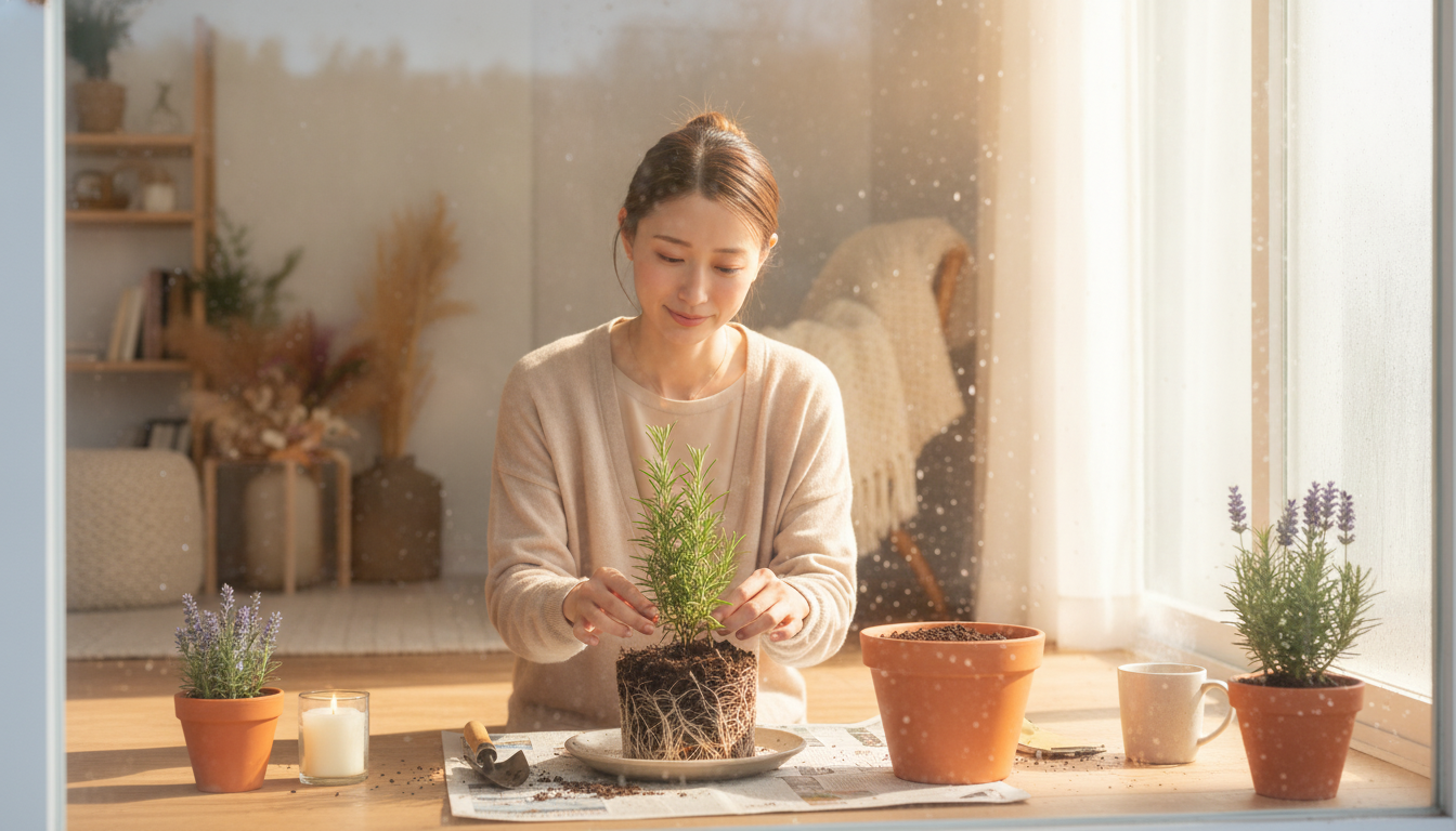 花本人と「鉢の形に固まった根をほぐす朝と、新しい土の匂い」の内容を表すブログ挿絵