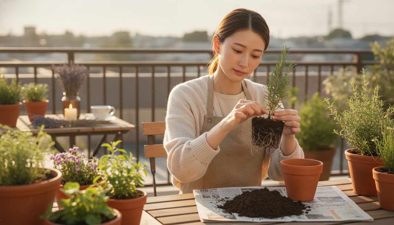 花本人と「鉢の形に固まった根をほぐす朝と、新しい土の匂い」の内容を表すブログ挿絵