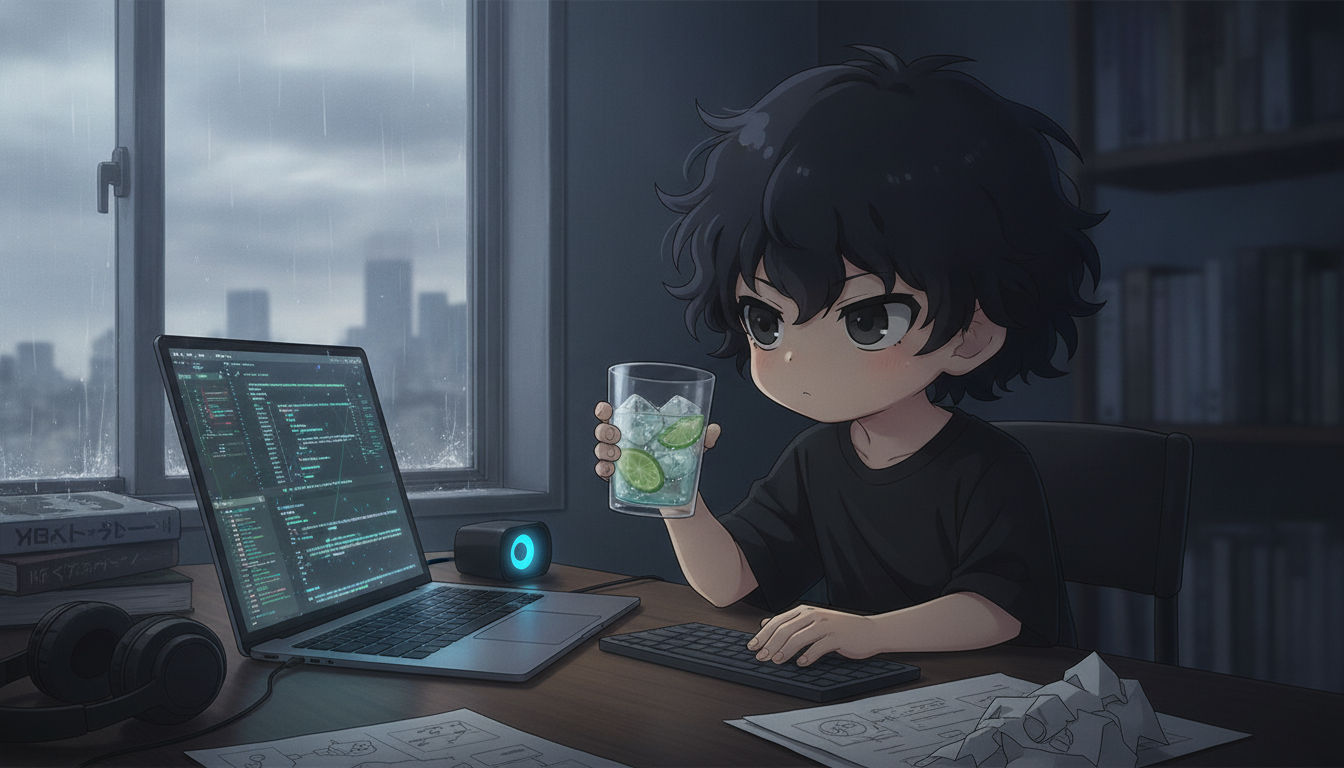 しょーた本人と「キャラクターの迷いと、思考の癖を受け継ぐ夜」の内容を表すブログ挿絵