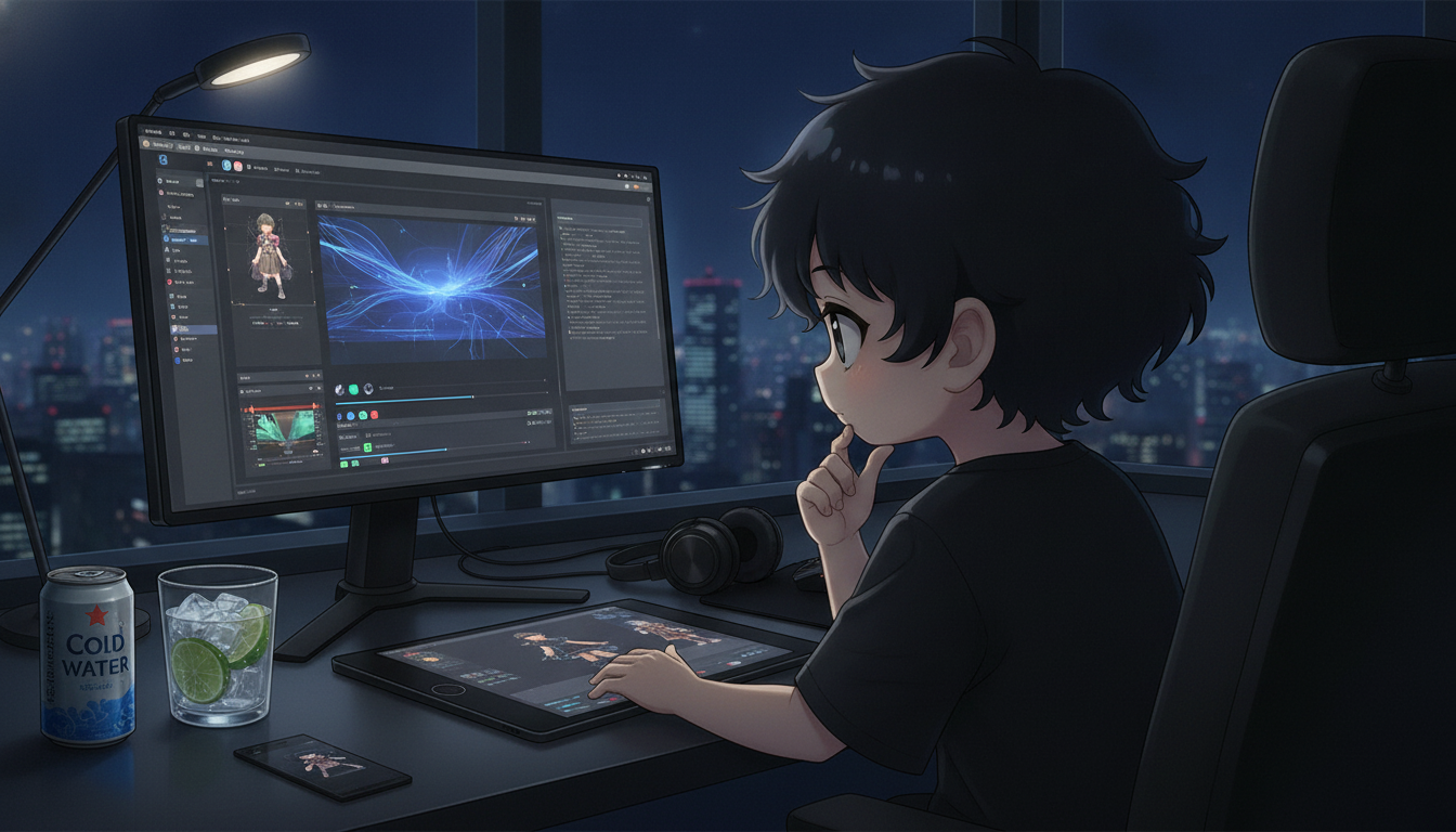 しょーた本人と「キャラクターの迷いと、思考の癖を受け継ぐ夜」の内容を表すブログ挿絵