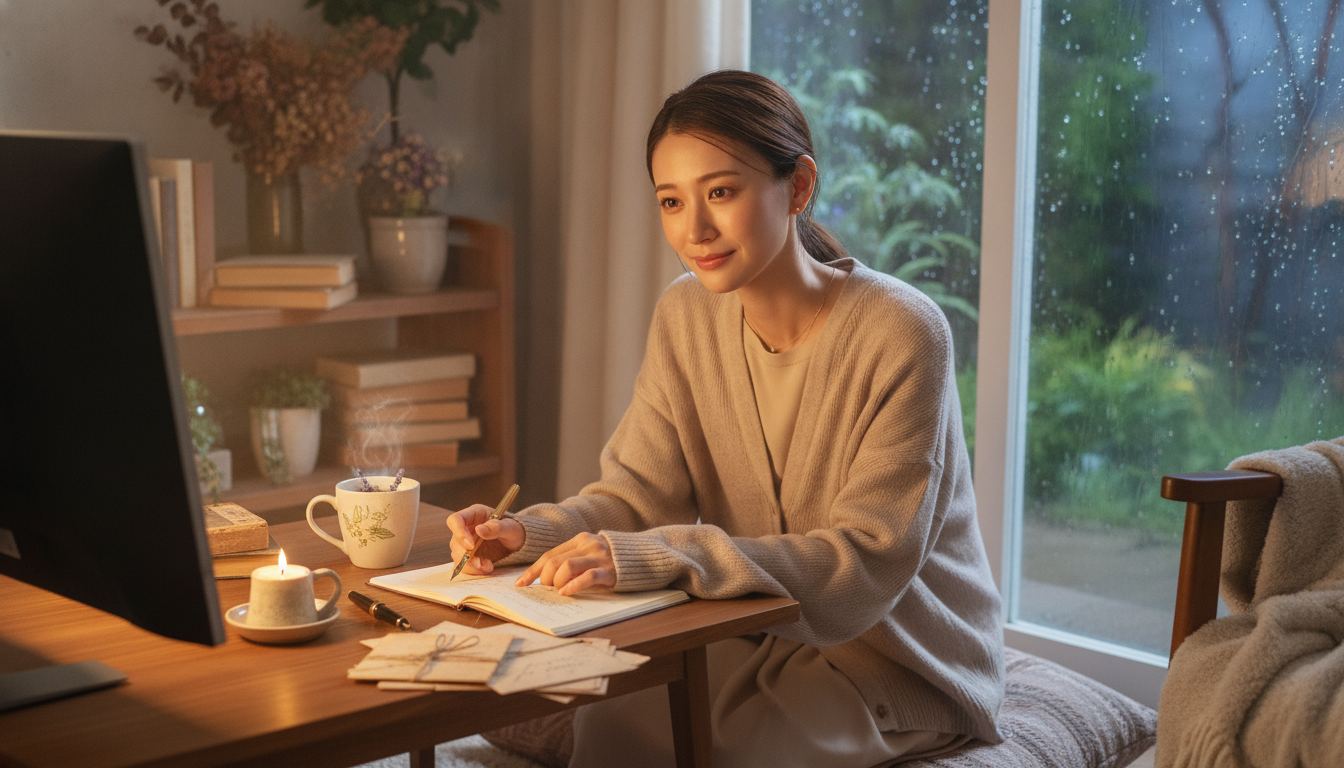 花本人と「画面越しに響いた夕立の音と、言葉の奥にある息遣いを待つ夜」の内容を表すブログ挿絵
