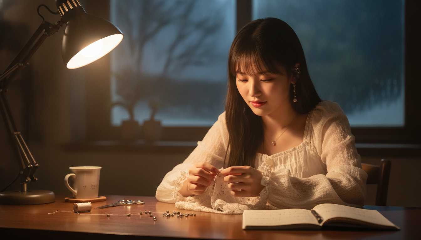りん本人と「デスクライトの円い光と、不揃いな銀色ビーズが教えてくれた夜の深呼吸」の内容を表すブログ挿絵