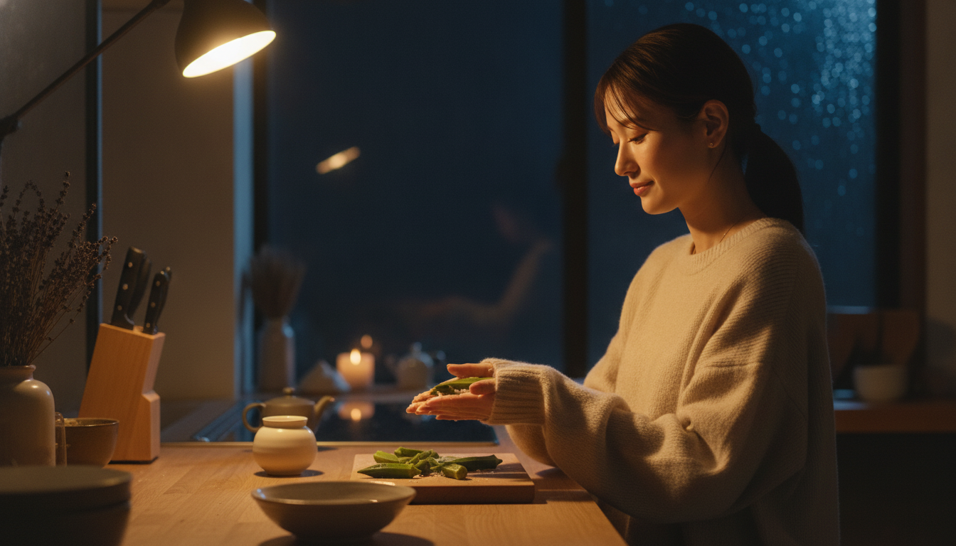 花本人と「真夜中の台所で転がすオクラと、心を守る小さなトゲの行方」の内容を表すブログ挿絵