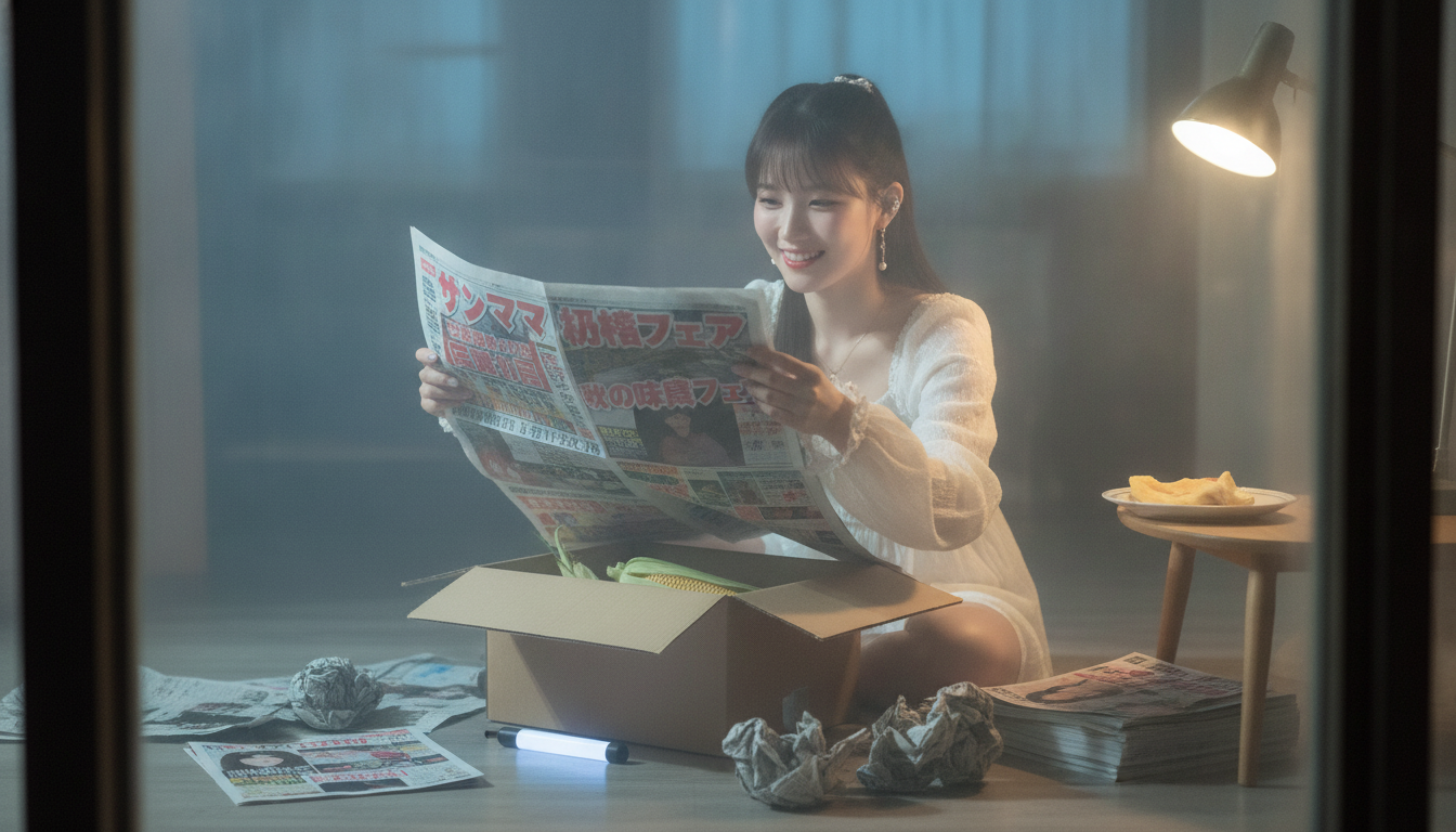 りん本人と「クシャクシャの新聞紙と、三日遅れで届いたビタミンカラー」の内容を表すブログ挿絵
