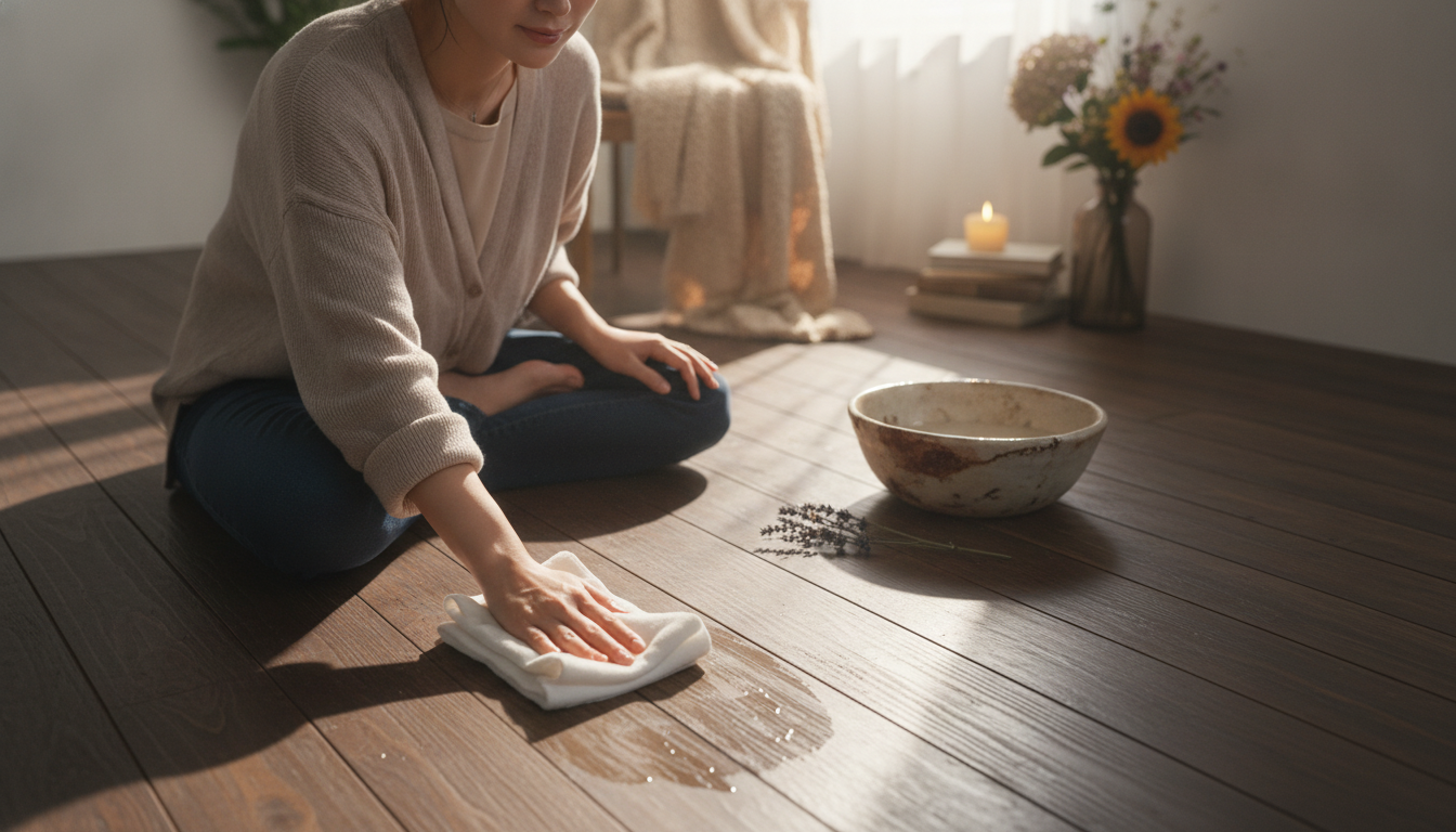 花本人と「木目に沿って絞り布を滑らせる朝と、足元に眠る小さな傷の記憶」の内容を表すブログ挿絵